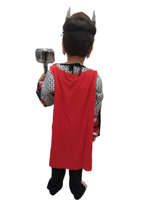 BookMyCostume 3 Pc Grey Thunder God Muscle-Look Superhero Costume with Padded Chest, Arms, Hammer & Plastic Face Mask | Sublimation Printed Fancy Dress Outfit | Birthday Celebration Costume